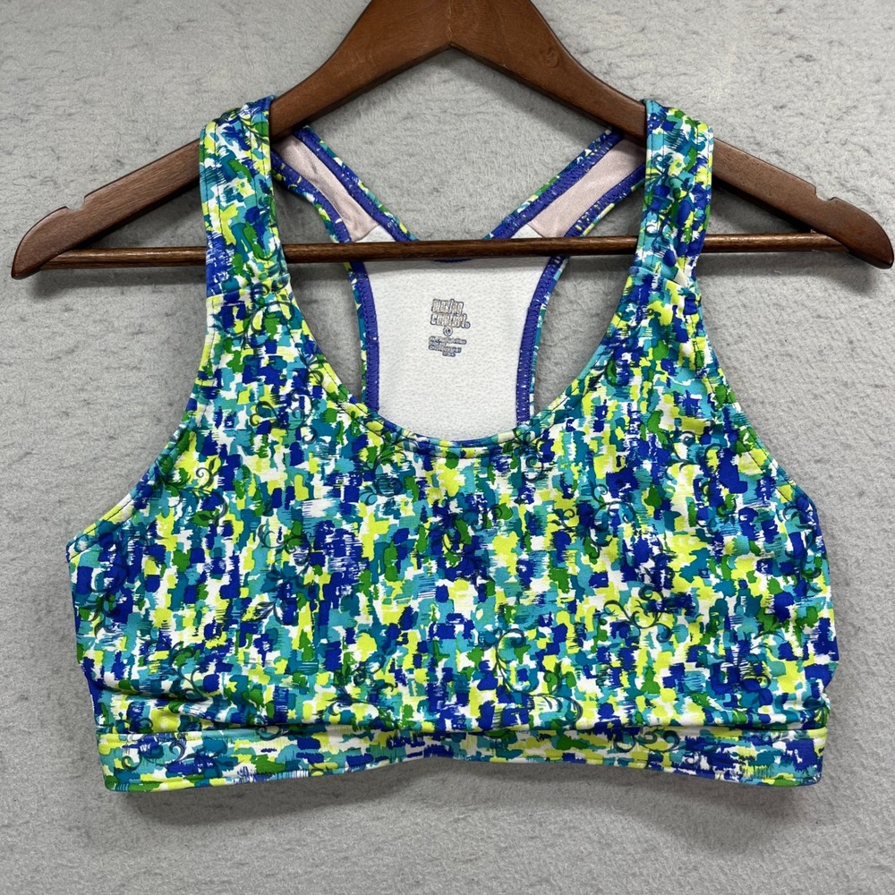 Moving Comfort Sports Bra Women Large 36BC-38B Blue Green Abstract Racerback Gym
